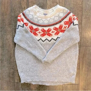 Aerie fuzzy fair isle knit sweater in grey, white & orange small EUC Apres Ski